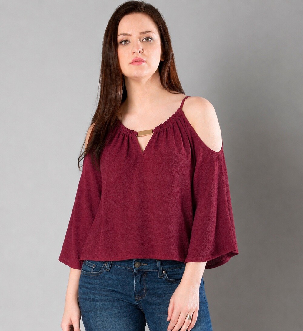 iris Burgundy Cold Shoulder V-Neck 3/4 Sleeve Crepe Blouse Top Size M